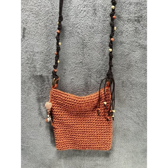 Sun N Sand Orange Straw & Shell Crossbody Boho Tan Purse Bag Beach Casual - Picture 1 of 11